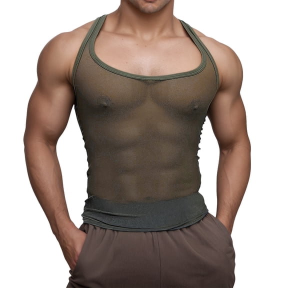 Telankuip Men's Mesh See-Through Tank Tops Breathable Sleeveless Stretch Slim Fit Vest Summer Solid Color Casual Tee Shirt for Club and Daily Wear 0-Green XL