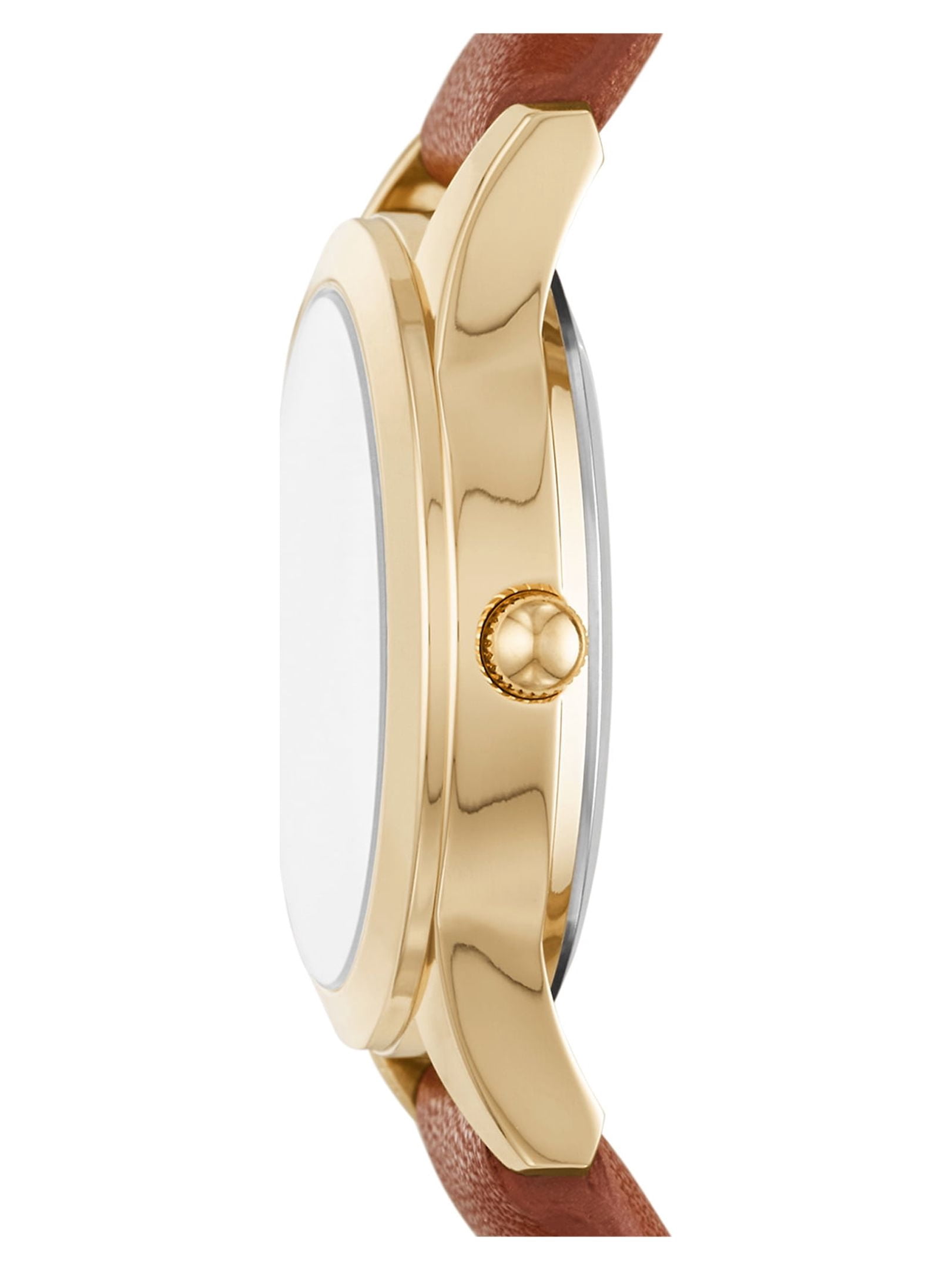 Time and Tru Women's Analog Wristwatch; Gold Tone Round Case, Gold 3-Eye Dial with Crystal Accents, Cognac Faux Leather Strap (FMDOTT082)