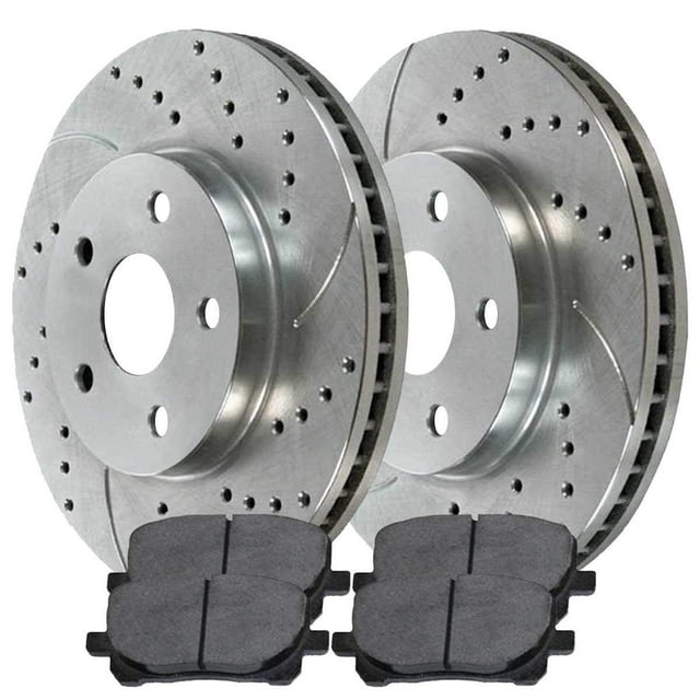AutoShack Front Drilled and Slotted Brake Kit Rotors Silver and Performance Ceramic Pads Pair of 2 Driver and Passenger Side Replacement for 2003-2008 Pontiac Vibe Toyota Corolla Matrix BRKPKG002490