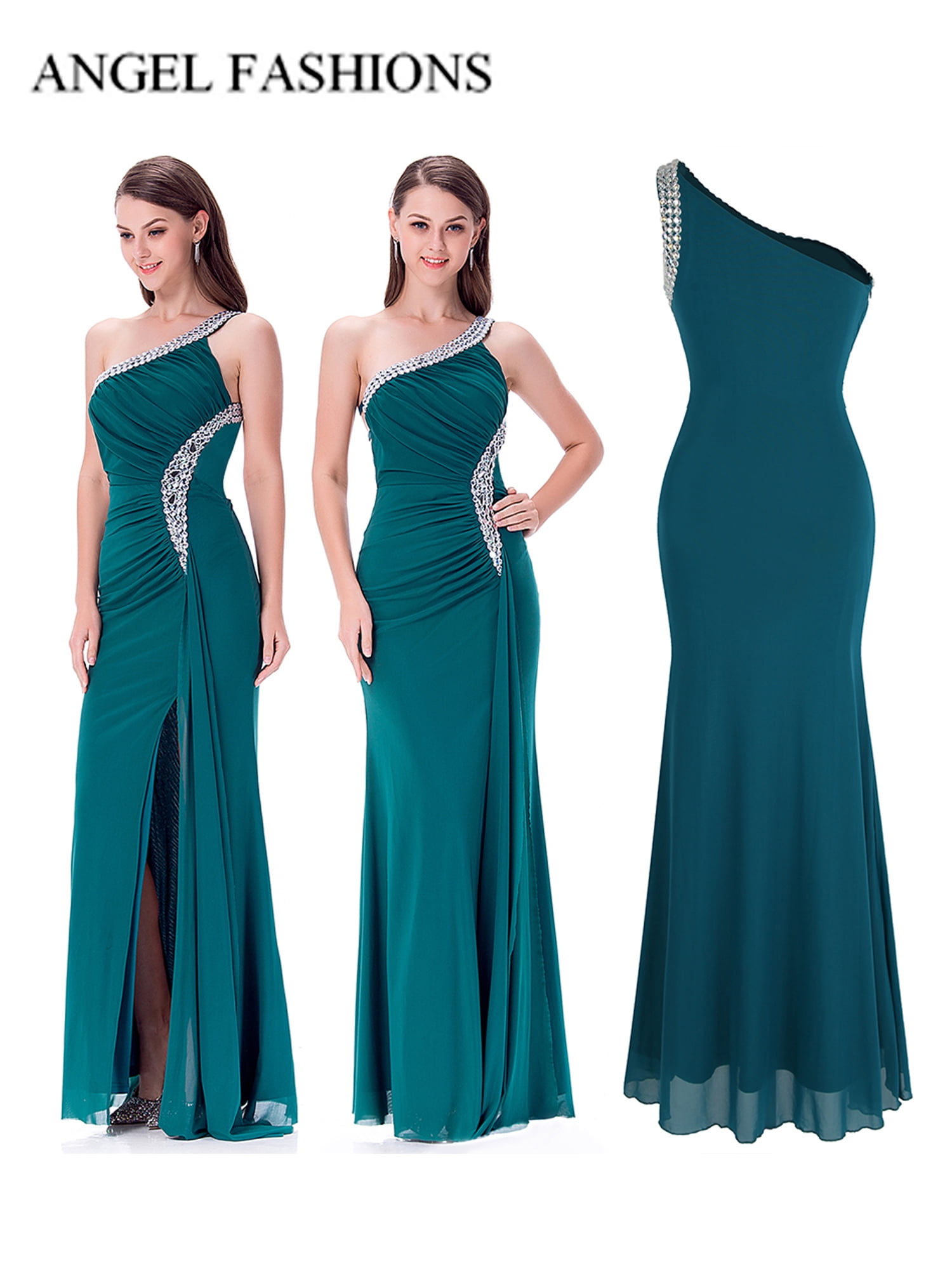 ANGEL FASHIONS Women's Elegant One Shoulder Beading Pleated Split Long