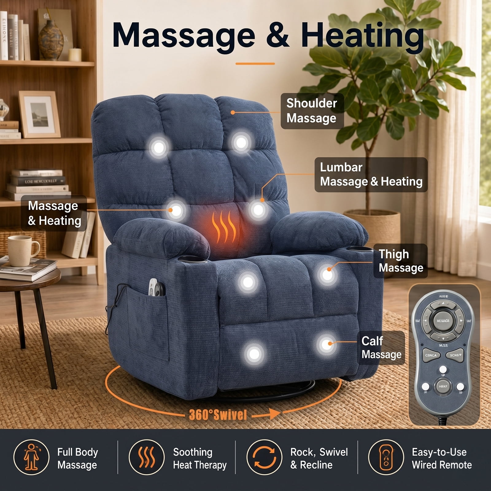 360 Swivel Manual Recliner Chair with Heat and Massage, Overstuffed Comfy Ergonomic Recliner for Elderly Seniors, Lumbar Back Pain Relief w/Pockets, Home Theater Living Room, Blue