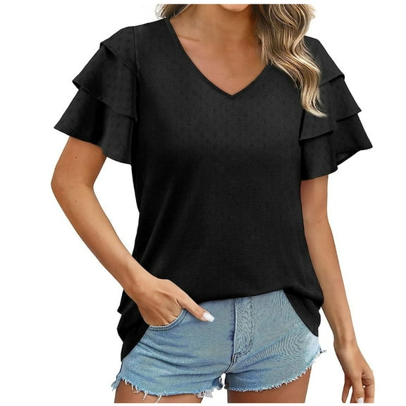 Mittory Womens Summer Tops Ruffle Short Sleeve V Neck T-Shirts Business Casual Loose Fit