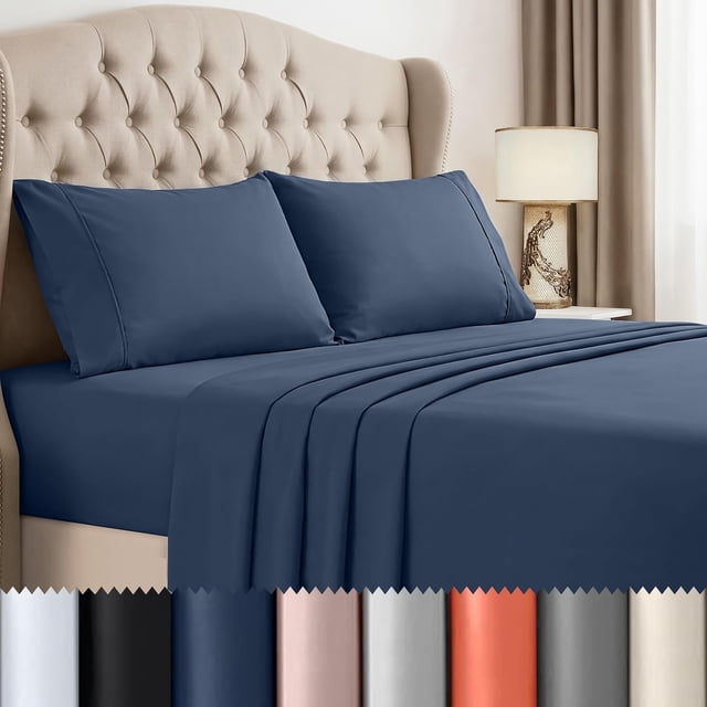 Beddora Queen Size Bed Sheet Set in Navy Blue – 4 Piece Microfiber Sheets, Ultra-Soft, Deep Pocket, Wrinkle-Resistant, Easy Care, Adult