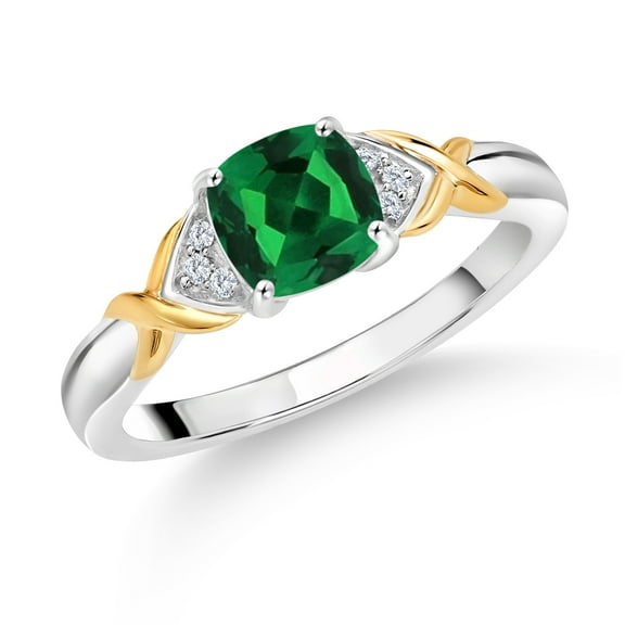 Gem Stone King 925 Sterling Silver and 10K Yellow Gold Cushion Green Nano Emerald and White Lab Grown Diamond Engagement Ring for Women (1.03 Cttw, Available in Size 5, 6, 7, 8, 9)