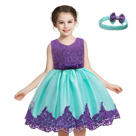 

Icvfdpl Dresses For Girls Lace Neck A-Line Sleeveless Printing Comfort Waist New Bow Summer Princess Wind Cake And Hair Band Children s Party Dresses