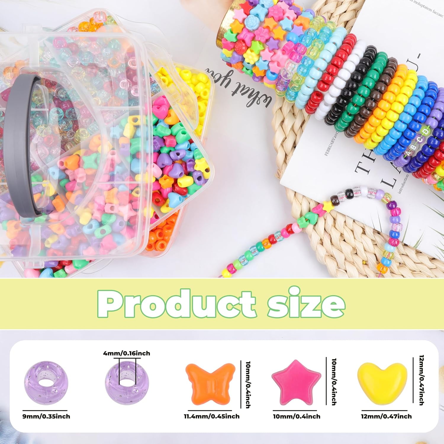 4800 Pcs Pony Beads for Friendship Bracelets 6x9mm 18 Solid 8 Color Shapes 10 Glitter Plastic Jewelry Making Supplies Necklaces Keychains Hair Braid DIY Craft Accessories