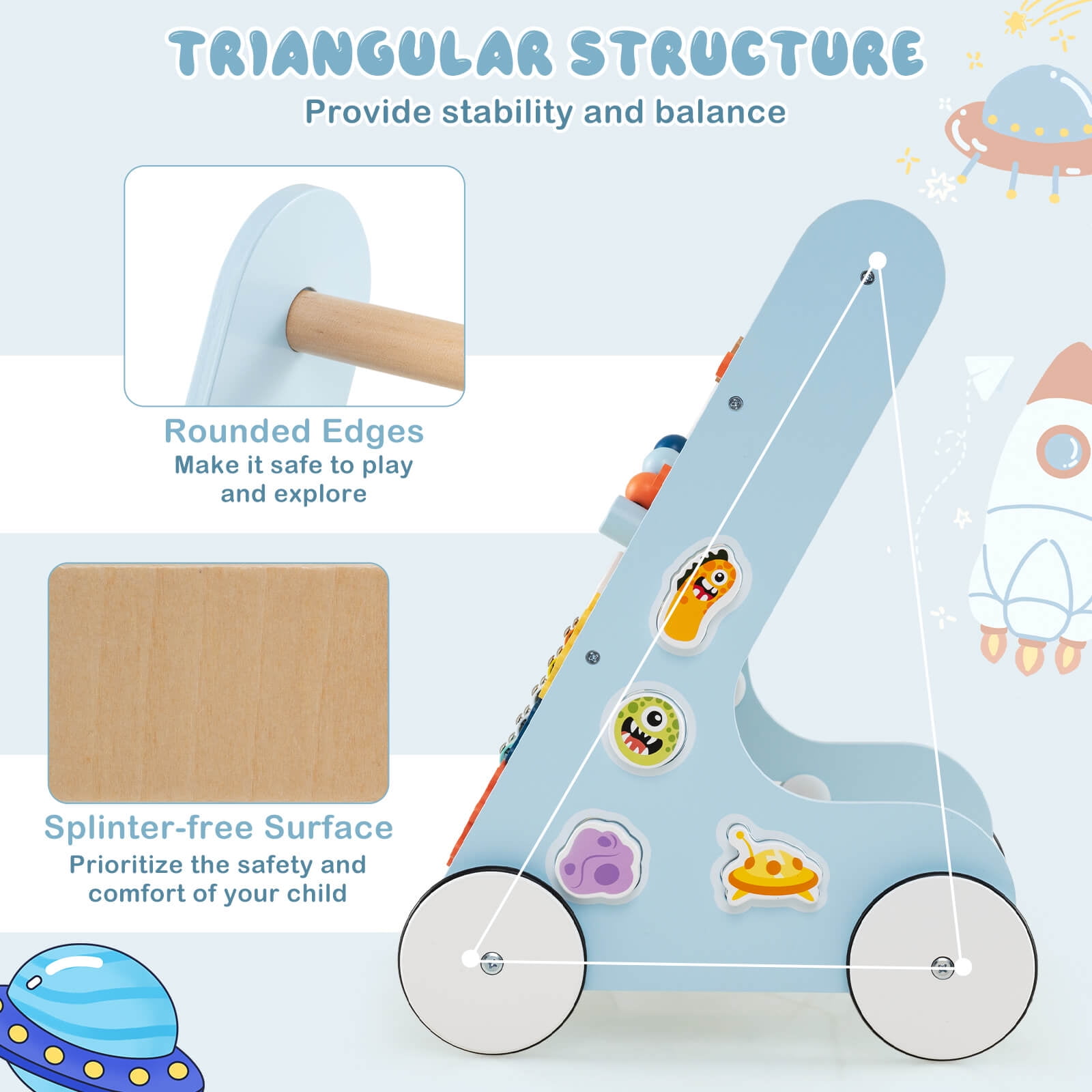Infans Wooden Baby Walker Push and Pull Learning Activity Center with Wheels Push Toy