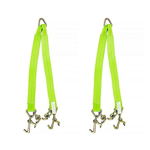 2 Pack Tow Straps V Bridle 3" x 36" w/RTJ Clusters, Hi VIZ/HI Abrasion Green Webbing, 5400 lbs WLL | Recovery V Strap w/Reinforced Webbing for Towing, Wrecker, Rollback, Car Hauler