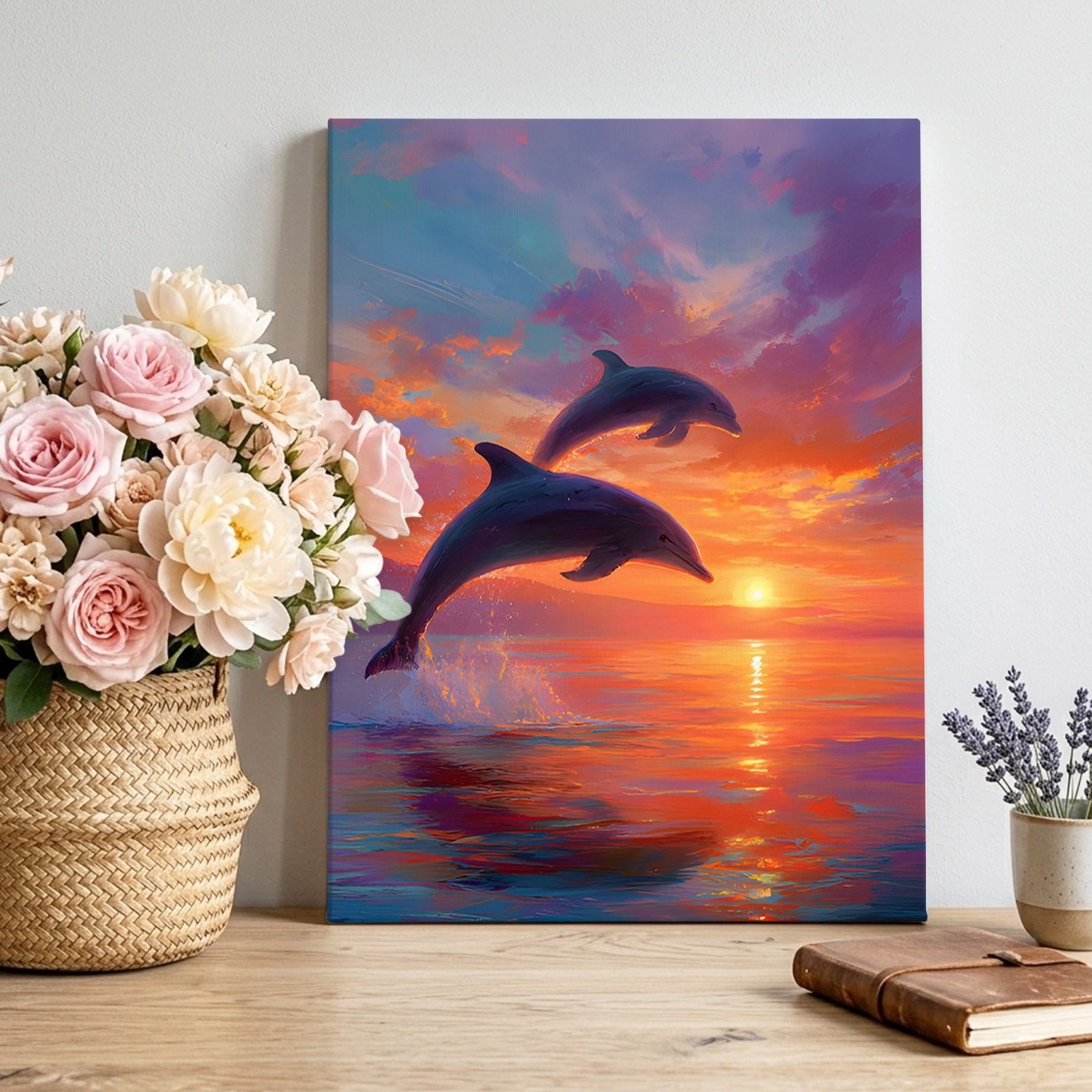 Sunset Dolphin Canvas Wall Art for Living Room, Dreamy Sunset Jumping Dolphins Wall Decor Framed Artwork Pictures Ready to Hang for Bedroom Office Home Decor