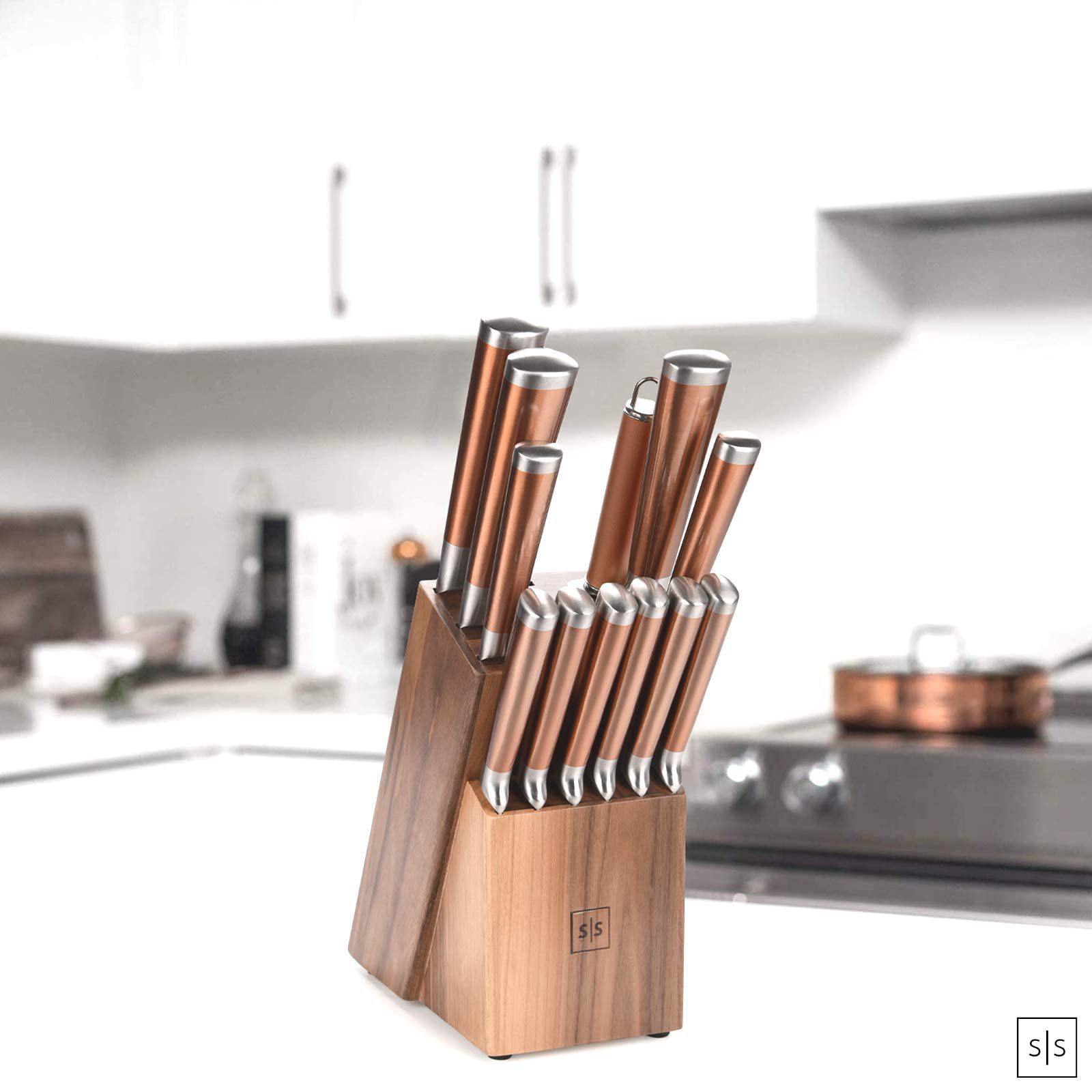 Styled Settings copper Knife Set , A Knife Set with Sharpener Built-In ,  Upright 7-Piece Rose gold Knife Set - Self Sharpening Knife Set With Bl