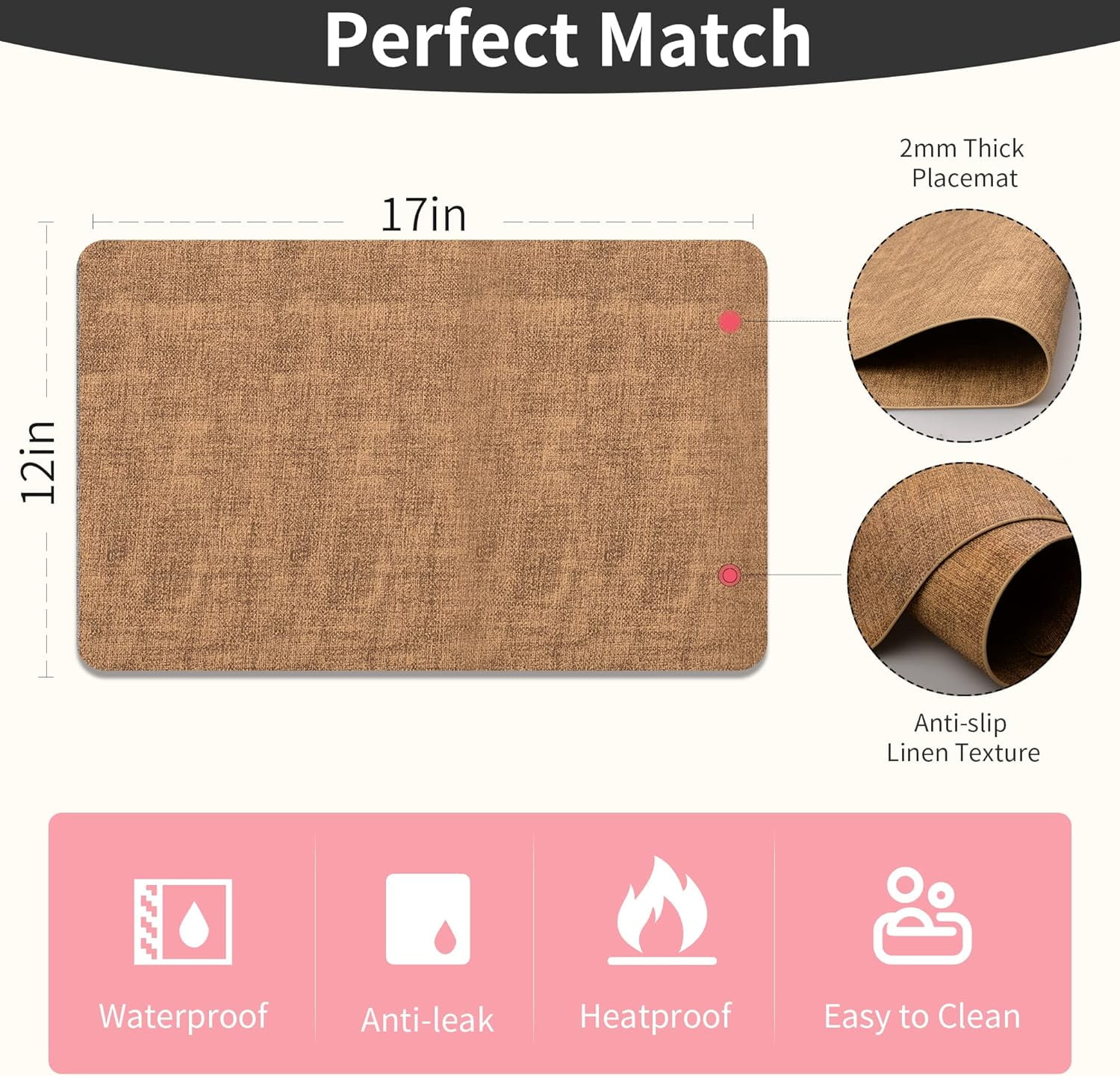 Lifestance Faux Leather Placemats Set of 6, Waterproof Heat Resistant Non Slip Dining Table Mats, 17x12 inch Rectangle Brown, Indoor Outdoor Use