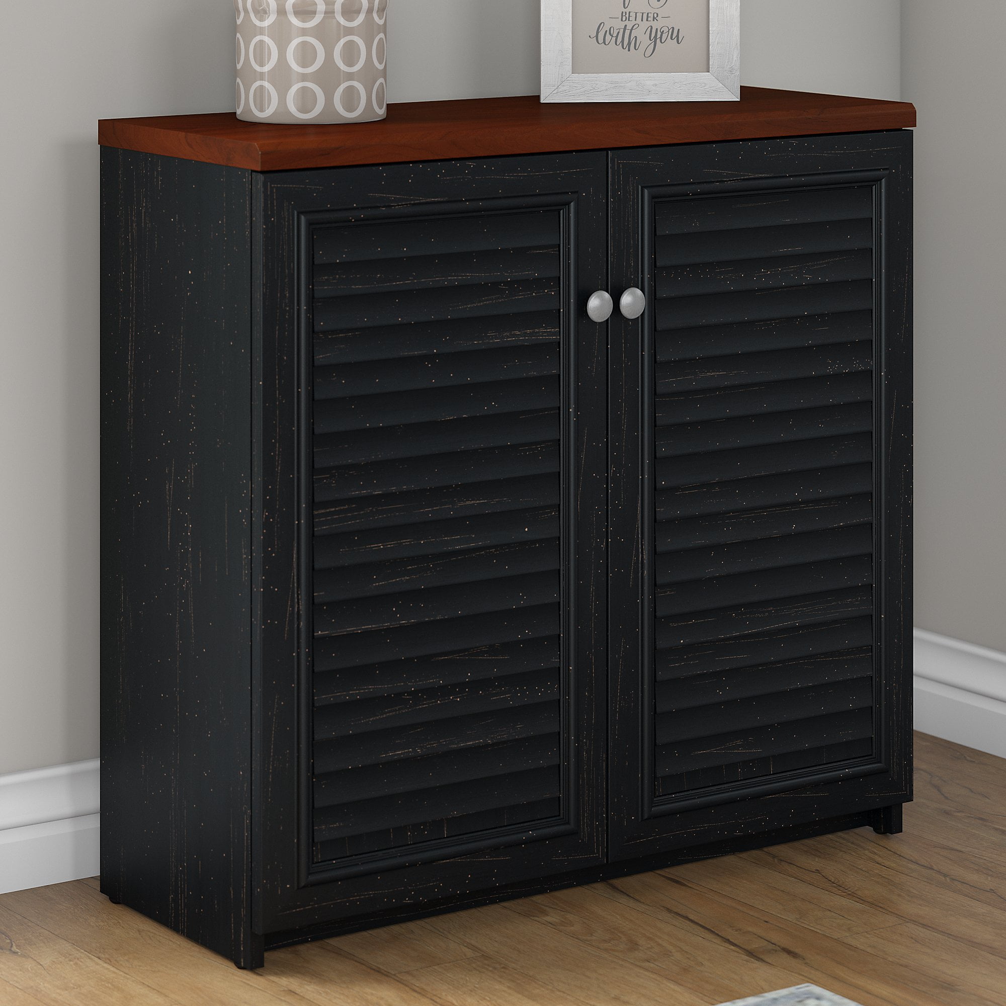 Bush Furniture Fairview Small Storage with Doors in Antique Black and Hansen Cherry
