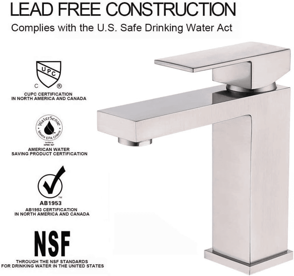 Single Handle Bathroom Faucet, Brushed Nickel Single Hole Bathroom Faucet, Solid Brass Modern Bathroom Sink Faucet Vanity Square Bathroom Faucet with Pop-up Drain & Overflow & Water Supply Hoses