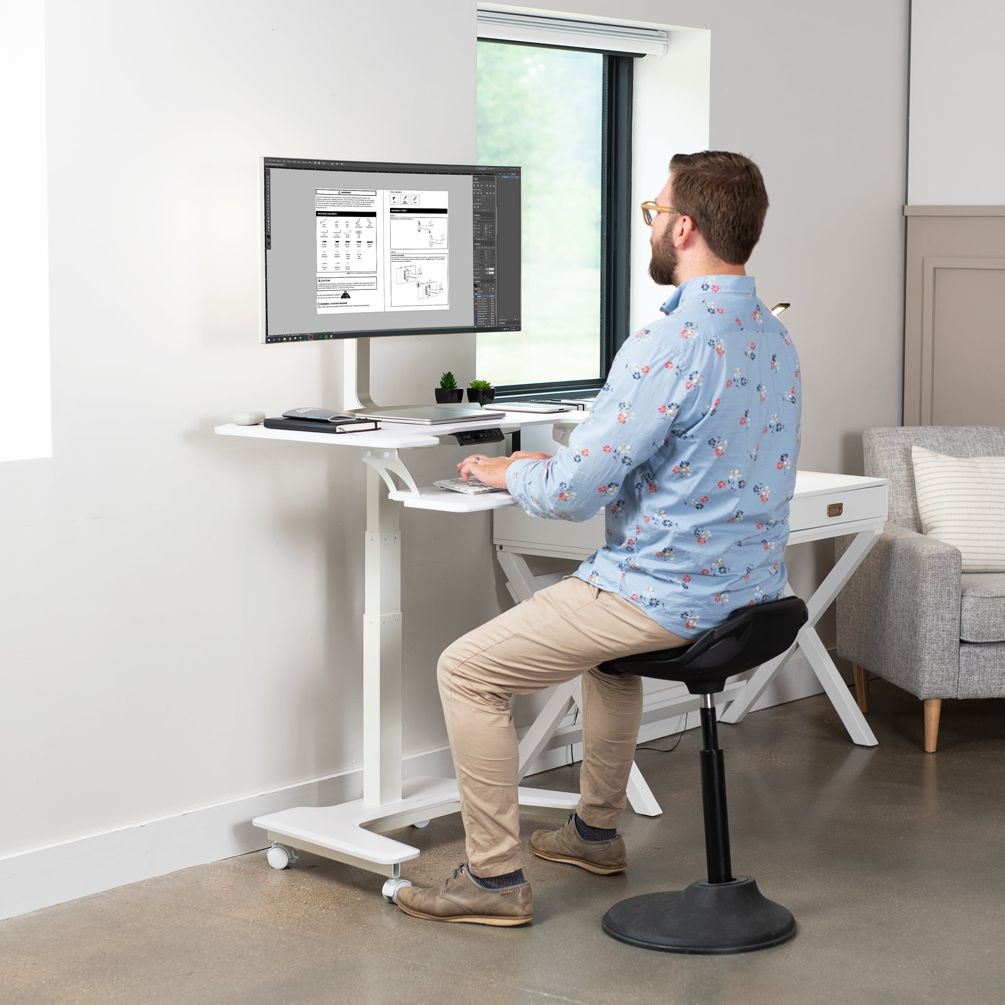 VIVO White 36" Electric Mobile Height Adjustable Two Platform Standing Desk
