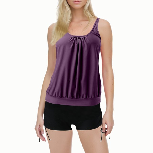 Womens Swimsuits Solid Color Stylish Ruffle Tankini Tops with Boyshorts Dark Purple Womens Bathing Suits M