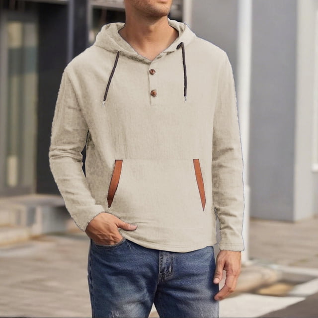 pstuiky camisa de manga larga para hombre, Blusa/camiseta informal de manga larga con capucha y cordón de color liso para hombre camisetas de hombre xxxl