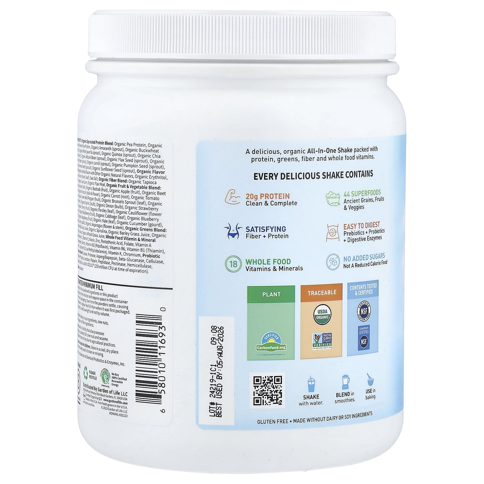 Garden of Life Raw Organic Meal Plant-Based Protein Powder, Vanilla, 14 Servings