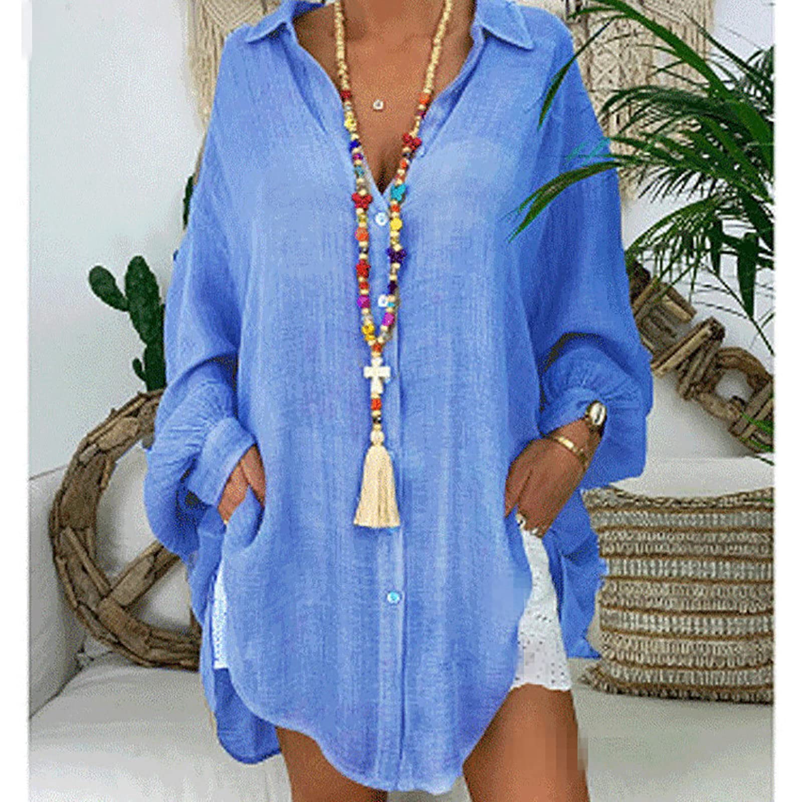 Linen Shirts for Women Summer Long Sleeve Button Down Blouses Lightweight Gauze Loose Casual Fashion Clothes