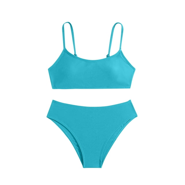 Girl's 2 Piece Beach Swimsuit Solid Spaghetti Strap Triangle Low Waist Holiday Bathing Suit 8-14 Years