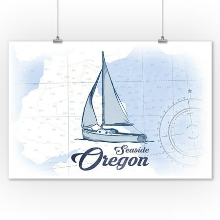 Seaside Sailboat (Seaside, Oregon - Sailboat - Blue - Coastal Icon - Lantern Press Artwork (9x12 Art Print, Wall Decor Travel)