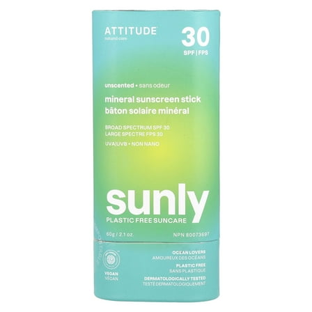 ATTITUDE Sunly, Mineral Sunscreen Stick, SPF 30, Unscented, 2.1 oz (60 g)