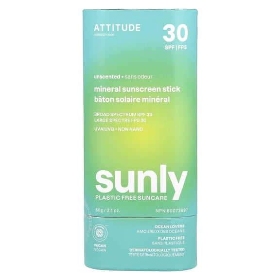 ATTITUDE Sunly, Mineral Sunscreen Stick, SPF 30, Unscented, 2.1 oz (60 g)