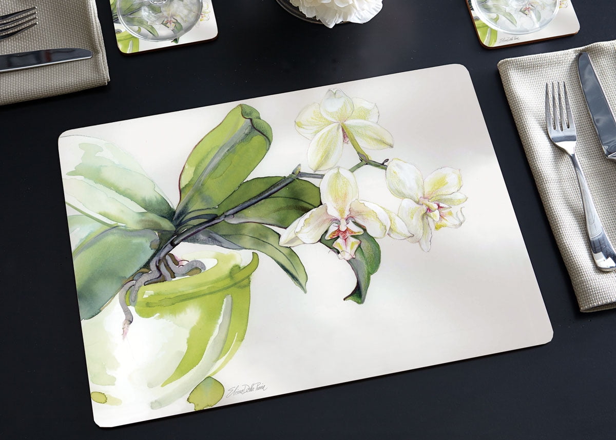 Cala Home "White Orchid" Premium Decorative Hardboard Cork Back Tabletop Placemats 4 Pack