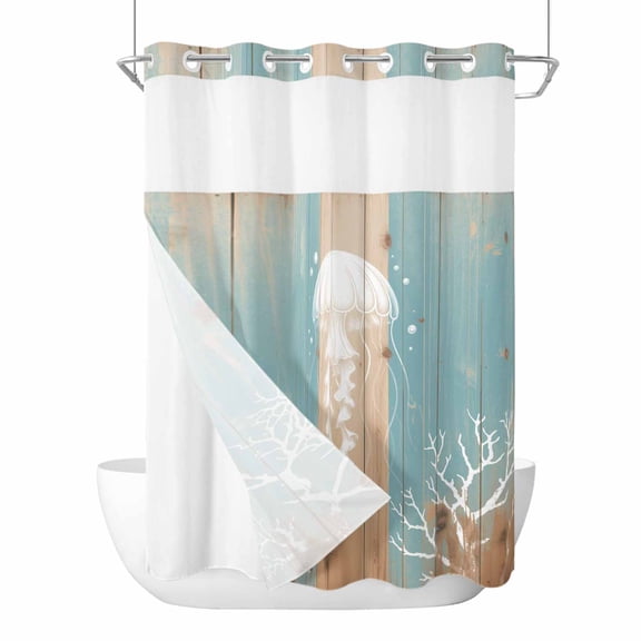 No Hook Coastal Jellyfish Shower Curtain with Snap in Liner Set, Summer Coral Ocean Vintage Wood Waterproof Fabric Bathroom Curtains with See Through Top Window, Hotel Style Long 72 x 84 Inch