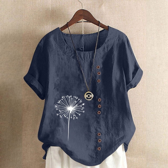 Lydiaunistar Women's Plus Size Spring Casual Blouse Tops Short Sleeve Round Neck Printed Button Down Shirt Soft Polyester Comfortable Fashion Tops for Women Navy