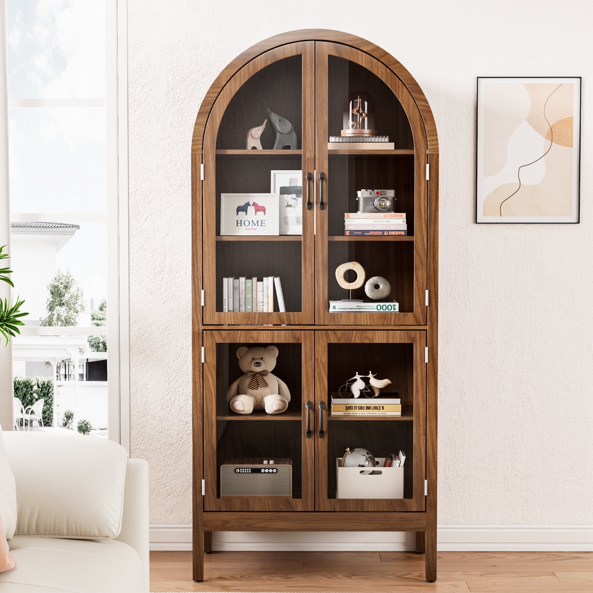 70.9"Tall Arched Display Cabinet with Acrylic Glass Doors, Modern Farmhouse Kitchen Pantry Cabinet, 5-Tier Versatile Cupboard for Living Dining Room(Walnut, 31.5"W)