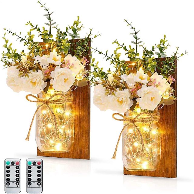 2 piezas Apppques Lantern Mason Jar Lights Decoración de pared, con flores artificiales Luces LED para jardín al aire libre Dormitorio interior Hogar Sala de estar Chris