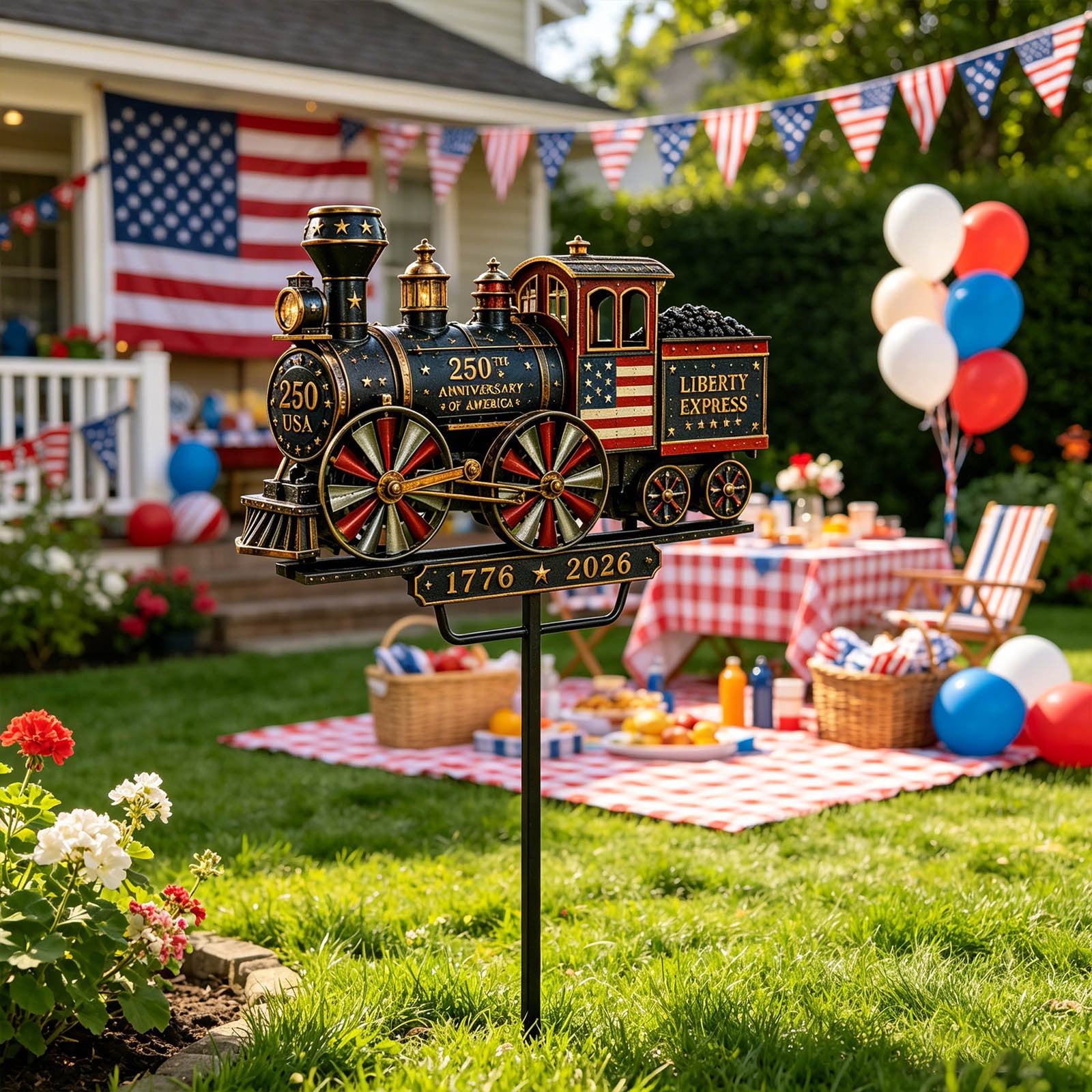 Eqslft 2D Liberty Express 250th Anniversary Train Yard Stake, Patriotic Metal Train Garden Decor, Anniversary Windmill Garden Outdoor Yard Art Metal Wind Sculpture Ornament