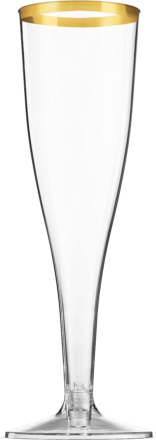 50 Pack Gold Rimmed Plastic Champagne Flutes 5 Oz Clear Plastic Toasting Glasses Fancy Disposable Wedding Party Cocktail Cups with Gold Rim