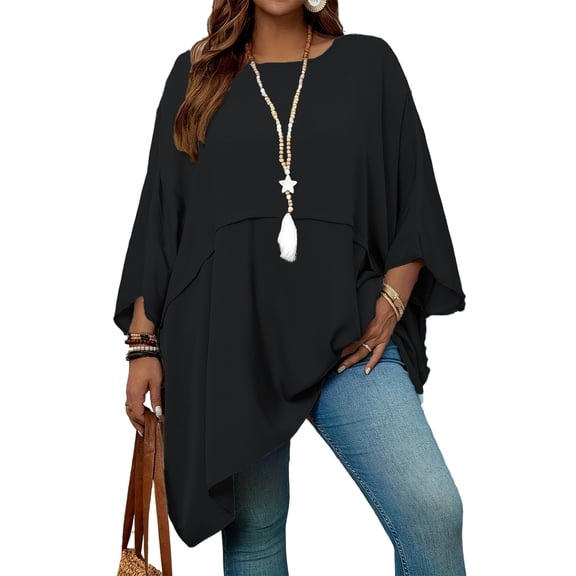 Delconic Womens Three Quarter Sleeve Blouse Casual Work Tunic Top Loose Fit Asymmetrical Hem Layered Pullover Office Shirt Black 2XL