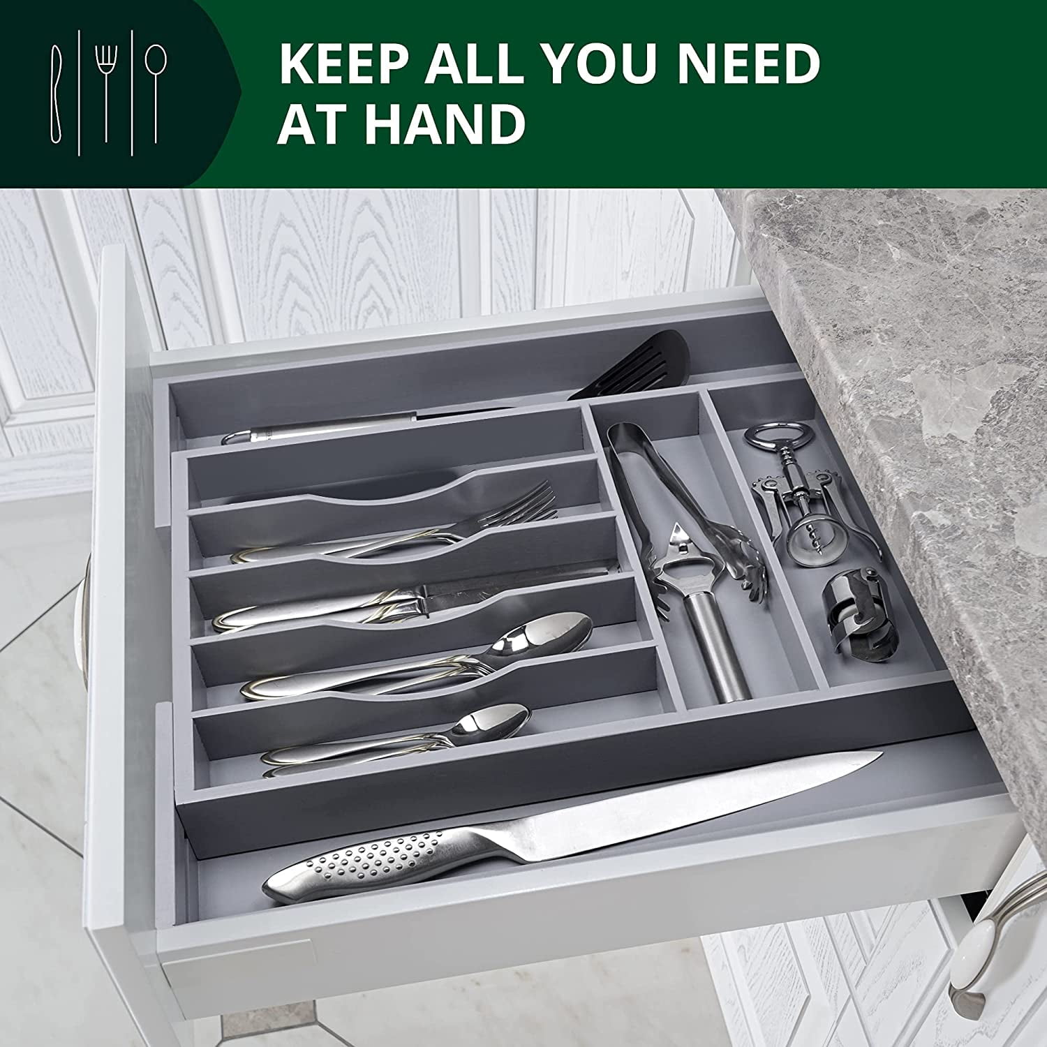 Royal Craft Wood Luxury Bamboo Kitchen Drawer Organizer - Silverware Organizer - Utensil Holder and Cutlery Tray with Grooved Drawer Dividers for Flatware and Kitchen Utensils (9 Slot, Gray)