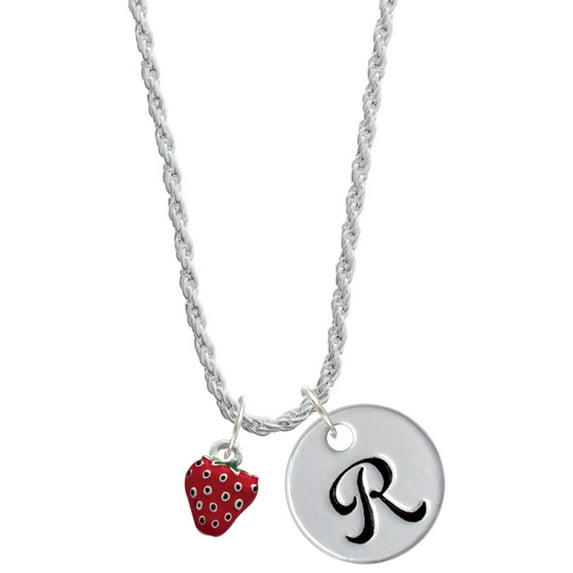 Delight Jewelry Silvertone Mini Red Enamel Strawberry Silvertone Script Initial Disc - R - Charm Necklace, 20"+3"