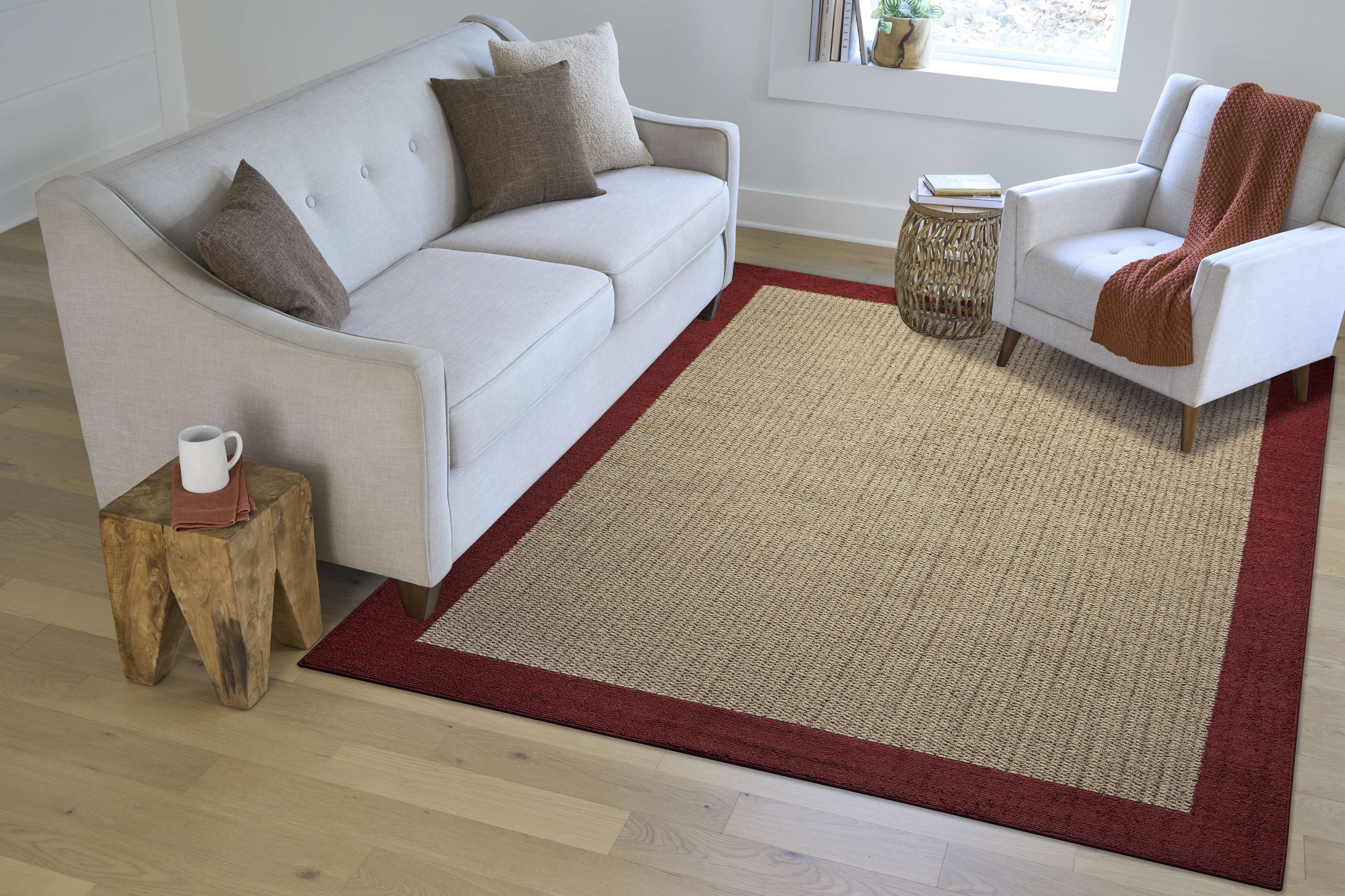 Mainstays Farmhouse Faux Sisal Olefin Red Border Indoor Living Room Area Rug, 7' x 10'