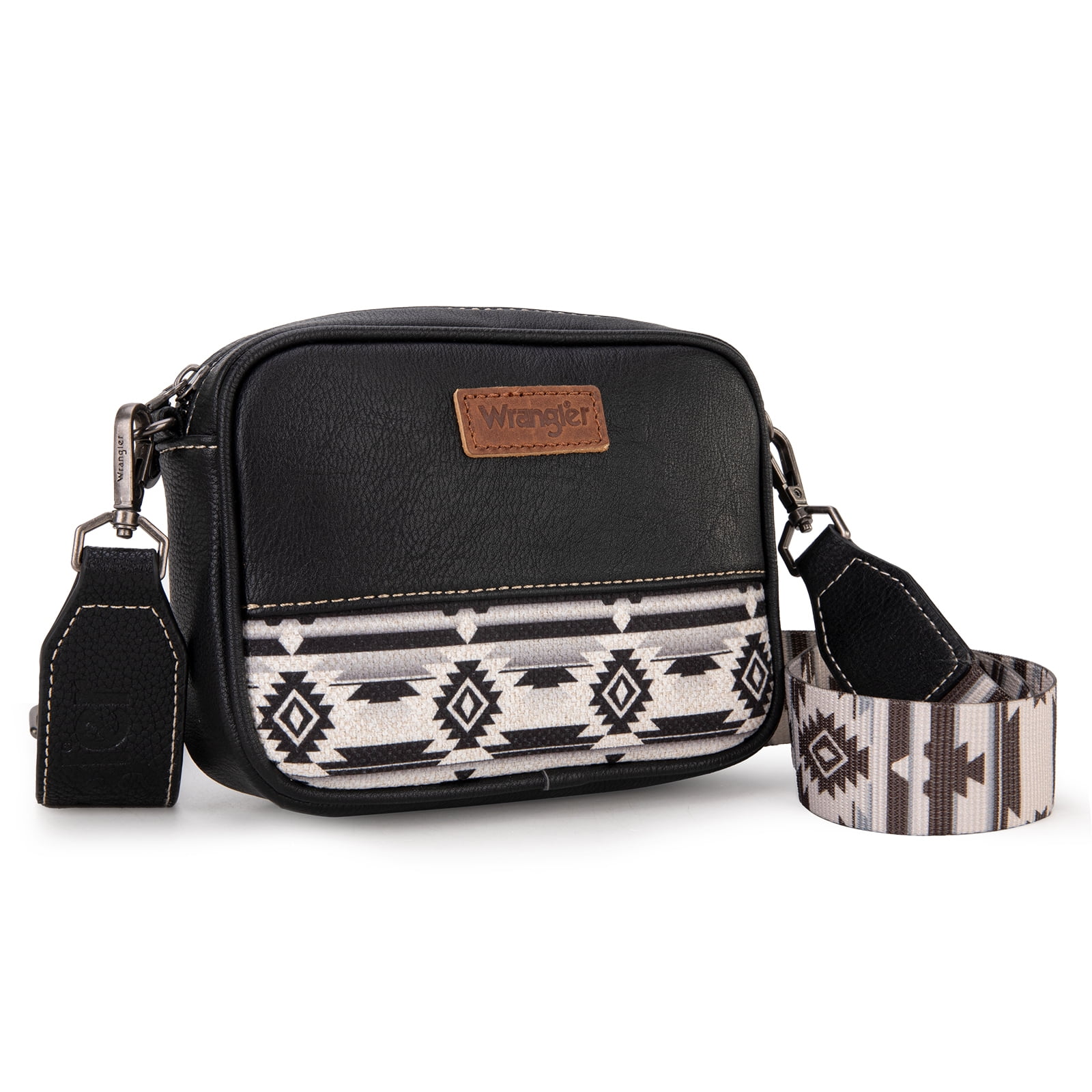 Wrangler Crossbody Bag for Women Aztec Mini Crossover Purse with Guitar Strap, Black