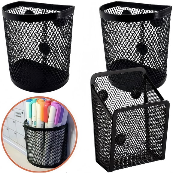 3 Pack Magnetic Pencil Holder, Bexikou Magnetic Marker Holder, Mesh Storage Baskets with Magnets, Mesh Pen Holder for Refrigerator, Whiteboard, Locker Accessories, Office Supplies Organizers (Black)