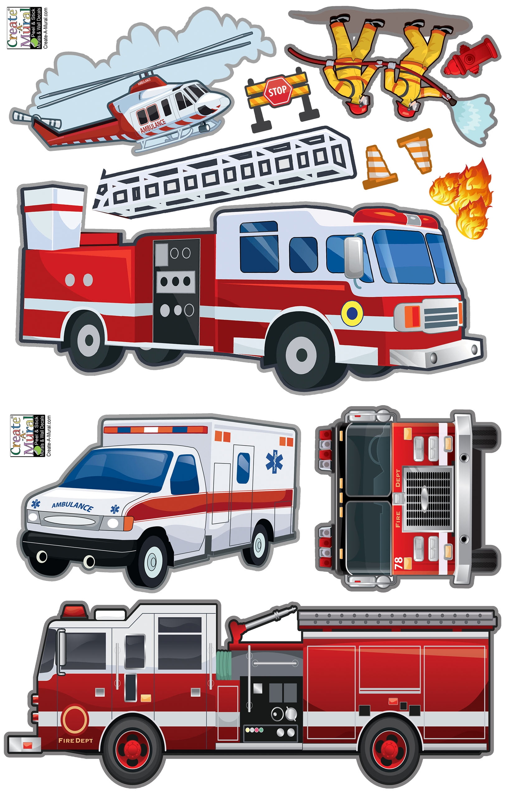 Realistic Fire Engine Truck Wall Decals -Boys Room Wall Decor Stickers, Kids Rooms (11) Decals from 1" - 11"