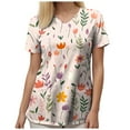 thumbnail image 5 of felwors Print Scrub Tops Women Floral Scrubs V Neck Short Sleeve Stretch Nurse Uniform with Pockets Functional Workwear (Pink, XXXL), 5 of 5