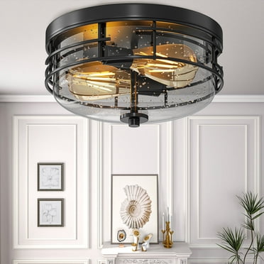 Dextrus Matte Black Close-to-Ceiling Light, 12-inch Rustic Fixture with Textured Glass Shade, Farmhouse-Inspired