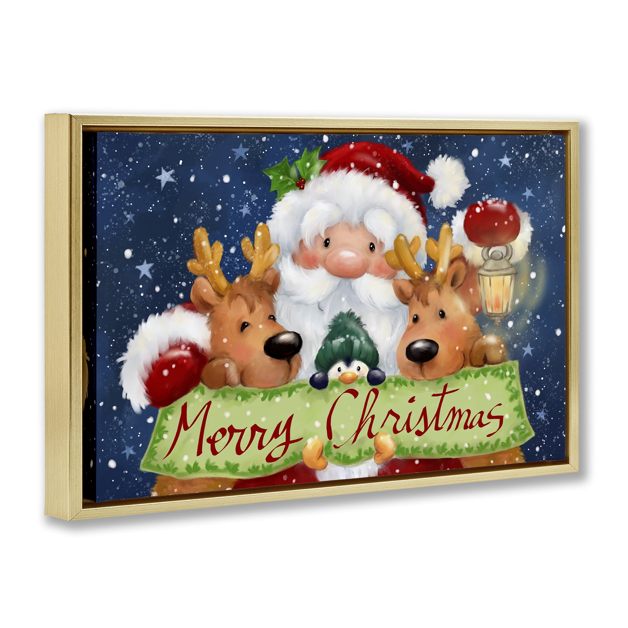 Stupell Industries Santa with Lantern Christmas Holiday Painting Gold Floater Framed Canvas Art Prints Wall Art, 31 x 21