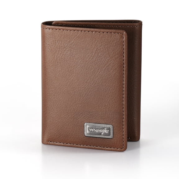 Wrangler Wallet for Men, Genuine Leather Mens Trifold Wallet RFID Blocking Slim Minimalist Front Pocket - Thin & Stylish with ID Window in Gift Box, Unique Father's Day Gifts, Brown