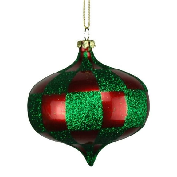 4 Pack of Red and Green Checkered Onion Ornaments with Glitter Enhancements