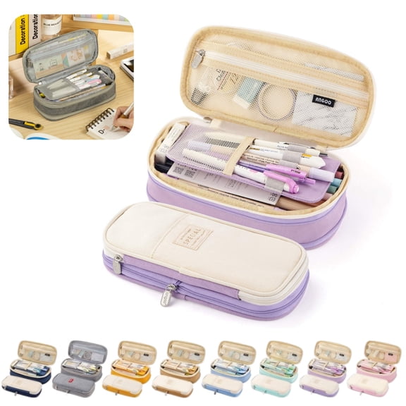 Large Capacity Pencil Case, Multi-Layer Expandable Pencil Pouch with Zipper Compartments, Durable Canvas Stationery Organizer Box for School Students Office Adults Purple Pink