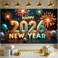thumbnail image 3 of Gold Glitter Happy New Year Banner Teal Accent 2026 New Year Display Fireworks Design Balloon Decor New Year Backdrop for New Year Eve Holiday Celebration Party Decoration, 3 of 9