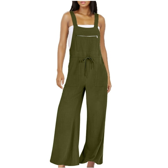 biudgviw Women's Loose Overalls Sleeveless Adjustable Strap Square Neck Wide Leg Casual Jumpsuits Summer Baggy Bib Rompers Pockets