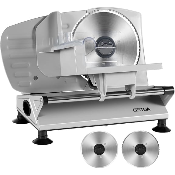 OSTBA 150W Meat Slicer Machine with Two 6.7” Removable Stainless Steel Blades, Adjustable 0–15mm Thickness and Child Lock Protection, Deli Food Slicer for Home Use, Meat, Cheese & Bread