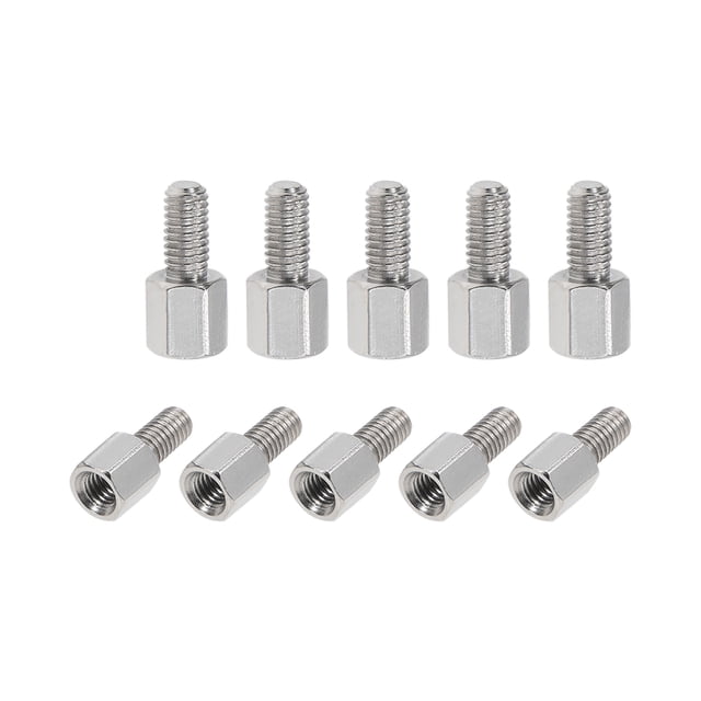 separador hexagonal niquelado macho a hembra m3 x 6 mm + 6 mm, 20 piezas Vista frontal centrada de diez separadores hexagonales niquelados M3 (6 mm + 6 mm) en dos filas; la fila superior muestra la rosca macho y la base hexagonal, la inferior muestra los orificios roscados hembra. Acabado niquelado sobre latón y rosca métrica precisa, para ensamblaje en electrónica y ferretería; también usados para separar placas en cajas electrónicas.